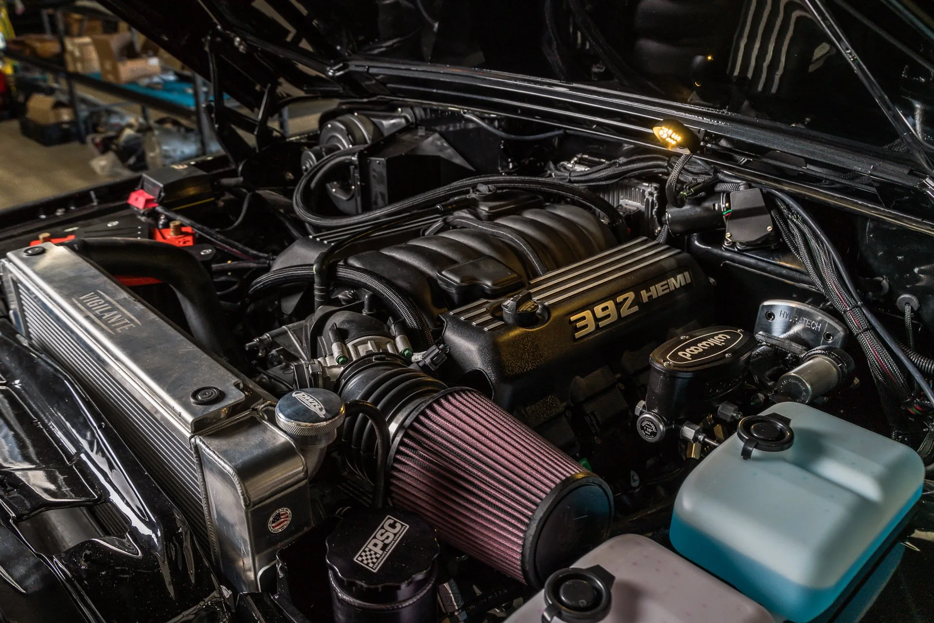 Vigilante 1979 Jeep Wagoneer The Blacked-Out 6.4-liter HEMI engine bay